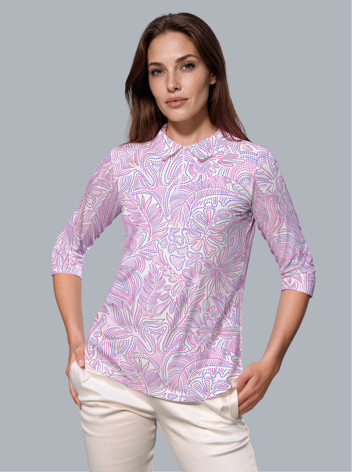 On the Dot Printed 3/4 Sleeve Zip Polo Neck Poly Top