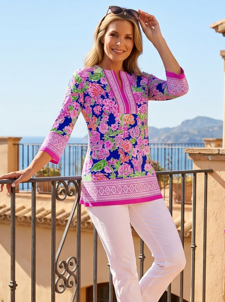 Chloe Print Cotton Knit 3/4 Sleeve Slit Neck Tunic