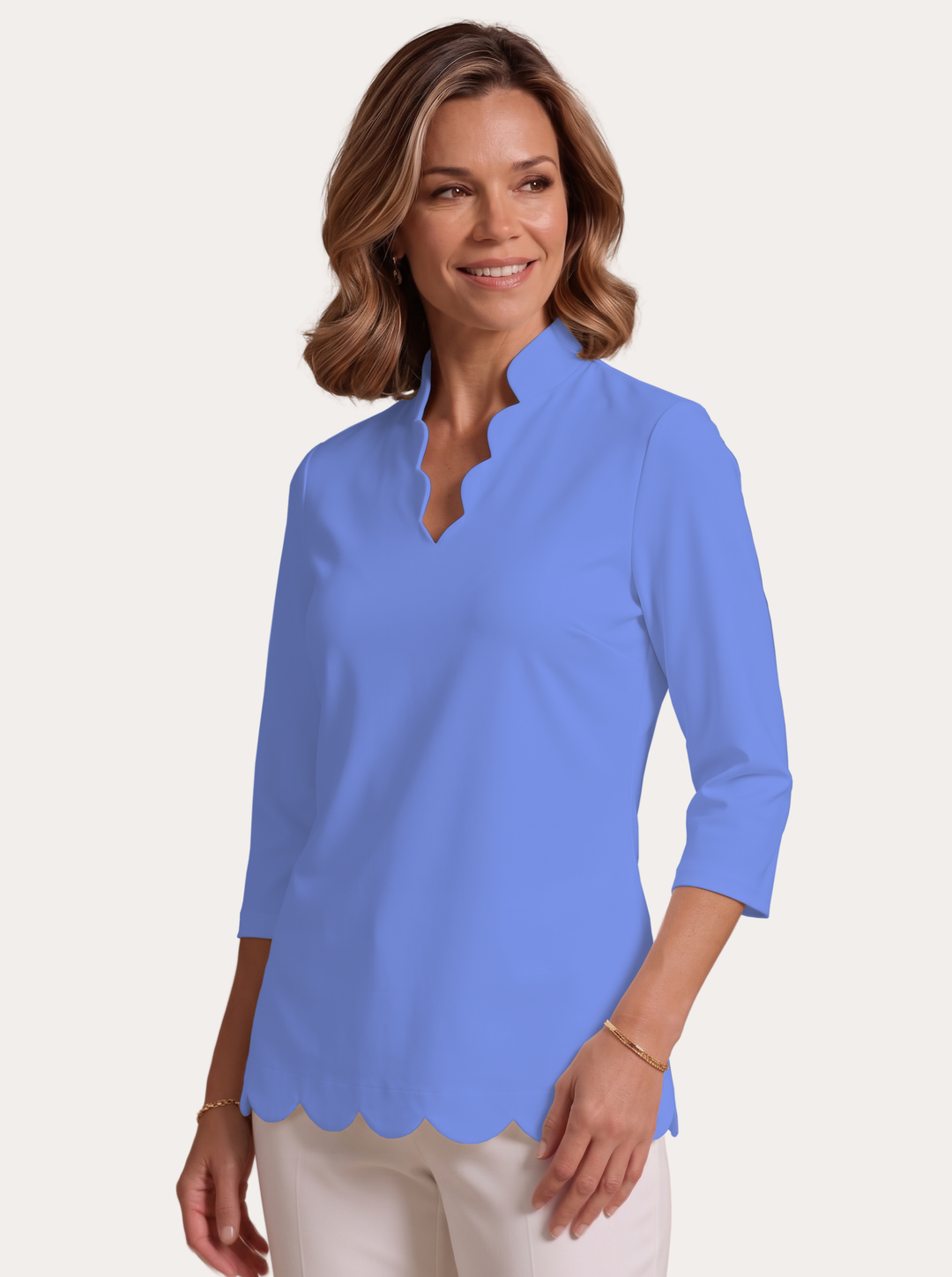 3/4 Sleeve Scalloped V-Neck Poly Top