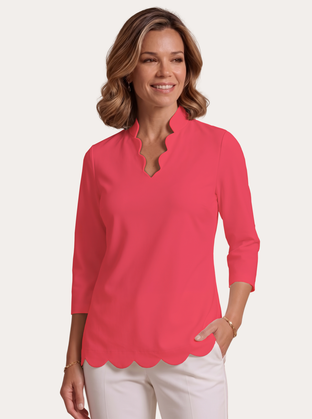 3/4 Sleeve Scalloped V-Neck Poly Top