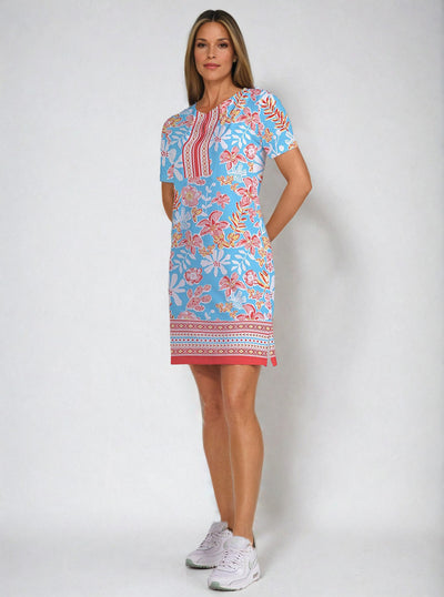 Paradise Island Print Cotton Knit Half Sleeve Slit Neck Dress