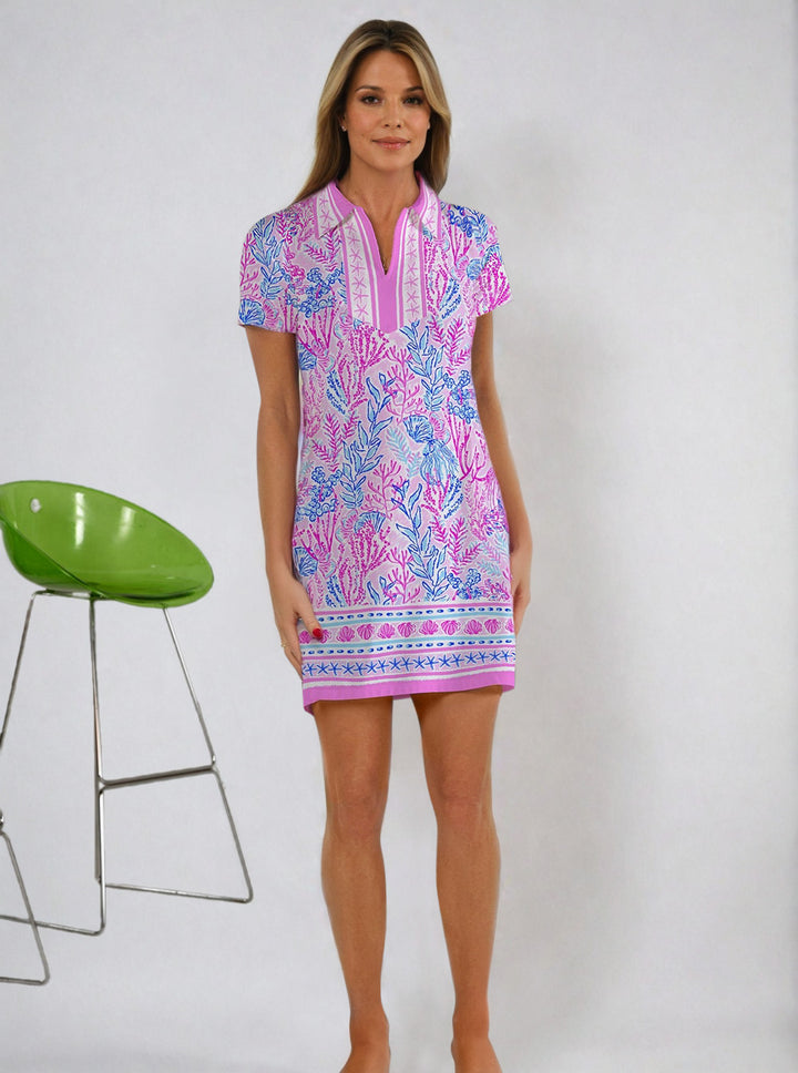 Deep Sea Print Cotton Knit Short Sleeve Polo Dress