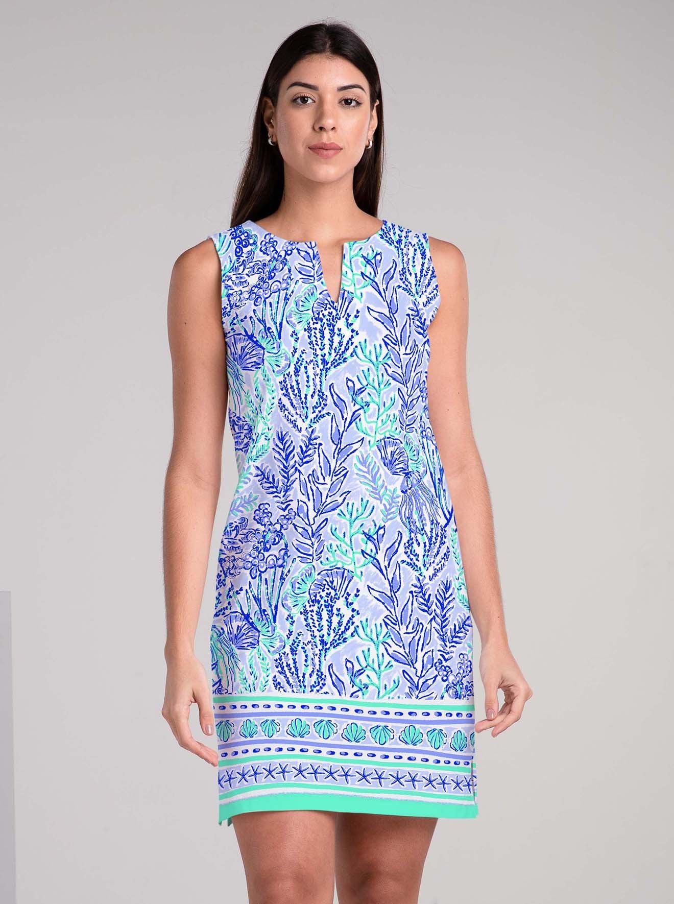 Deep Sea Print Cotton Knit Palm Beach Shift Dress - Rezobay