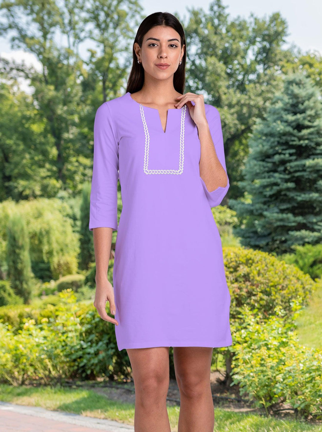 Solid Knit 3/4 Sleeve Slit Neck Embellished Dress - Rezobay