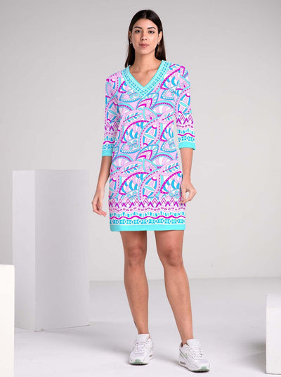 Valencia Print Cotton Knit 3/4 Sleeve V-Neck Dress - Rezobay