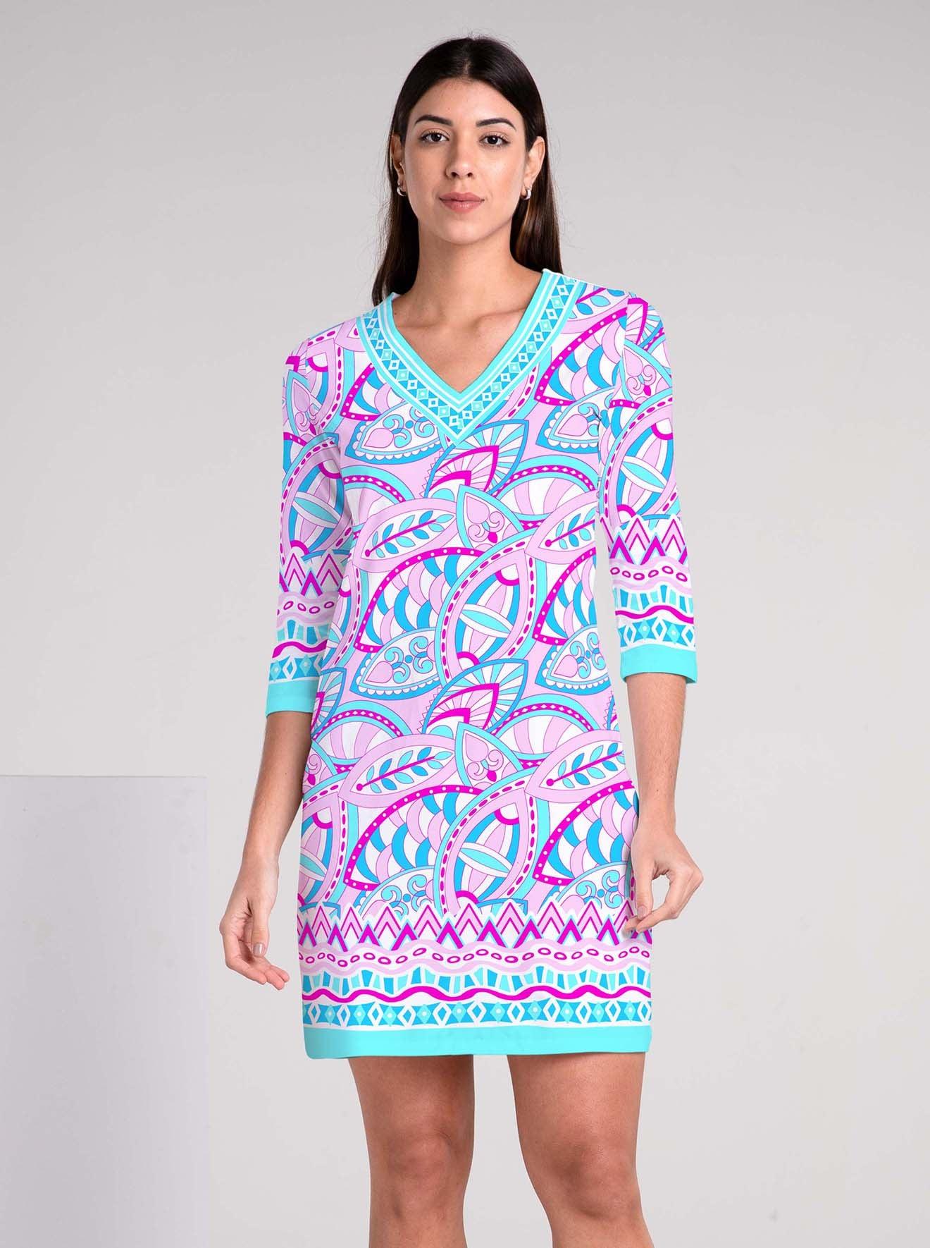 Valencia Print Cotton Knit 3/4 Sleeve V-Neck Dress - Rezobay