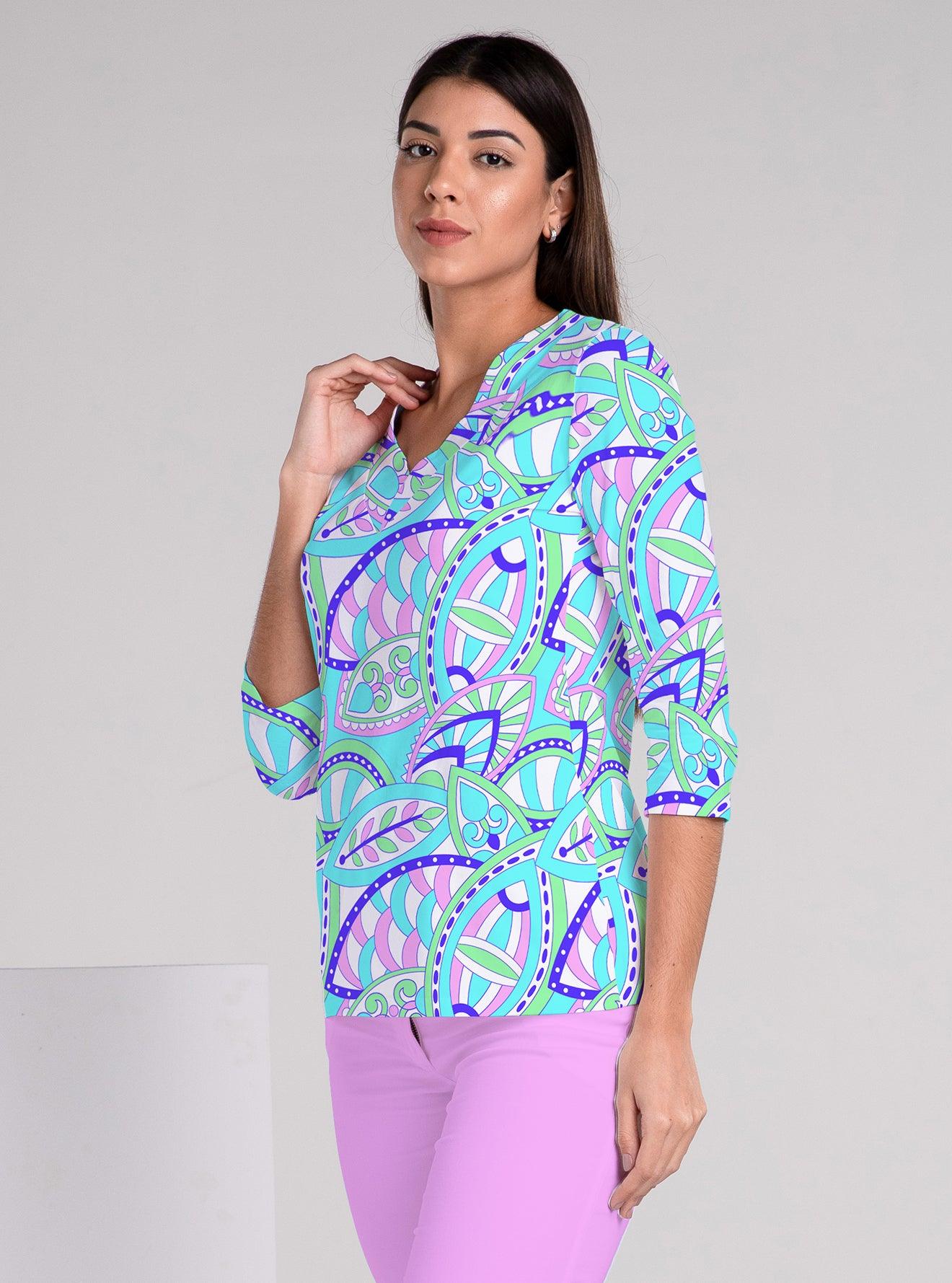 Valencia Print Cotton Knit 3/4 Sleeve V-Neck Top - Rezobay