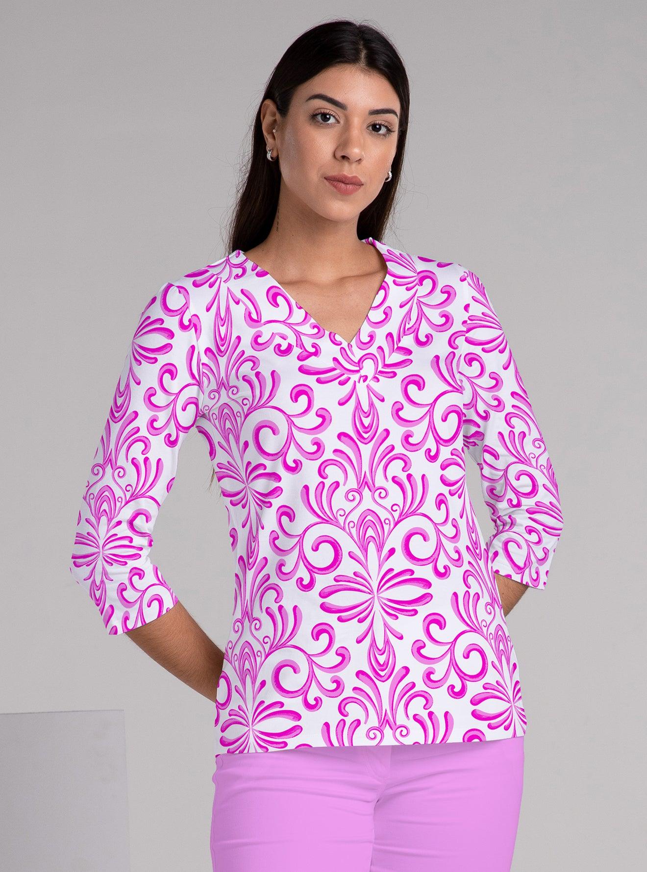 Bonanza Print Cotton Sleeve V-Neck Top - Rezobay