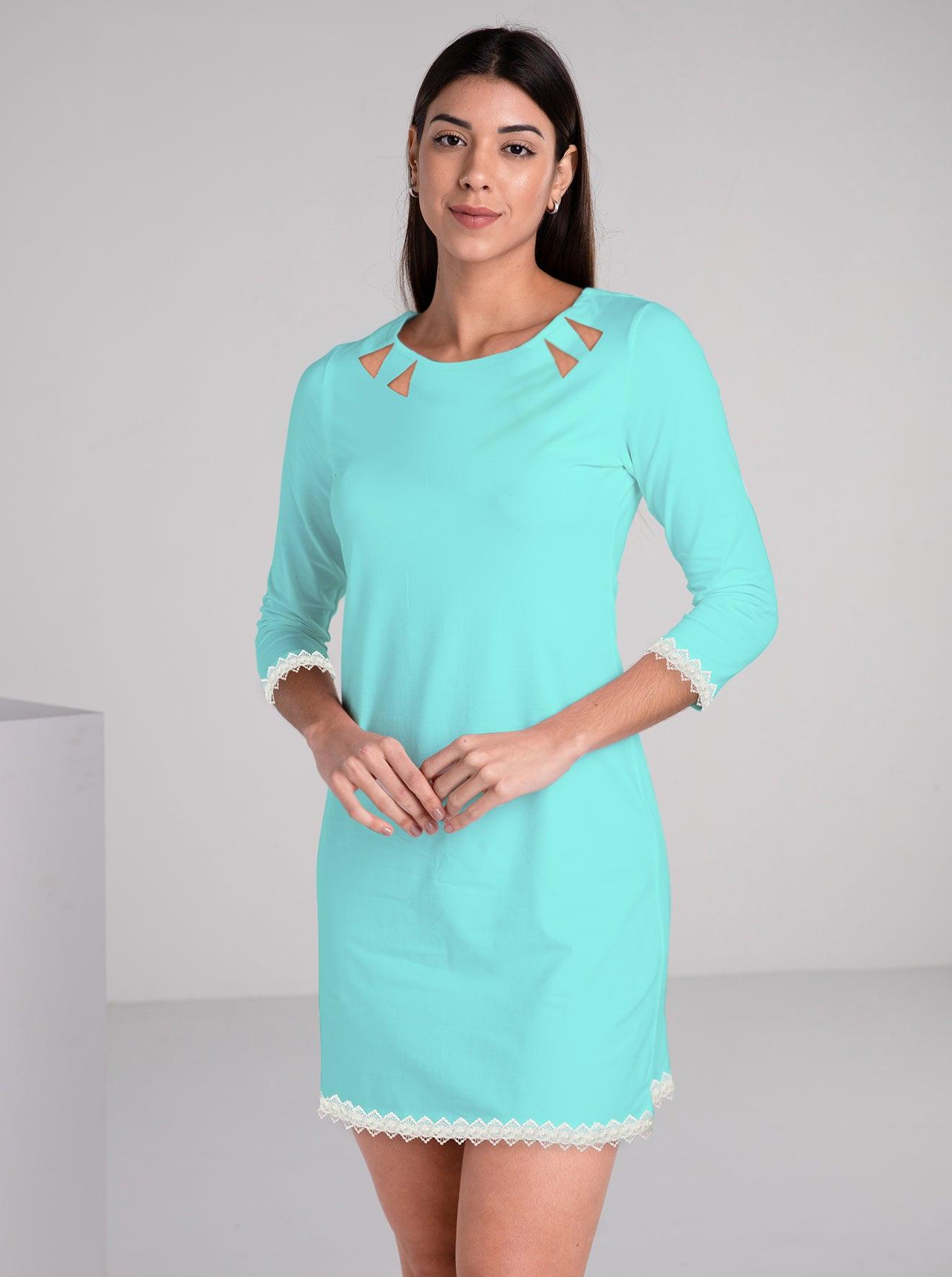 Solid Knit 3/4 Sleeve Crew Neck Embellished Dress - Rezobay