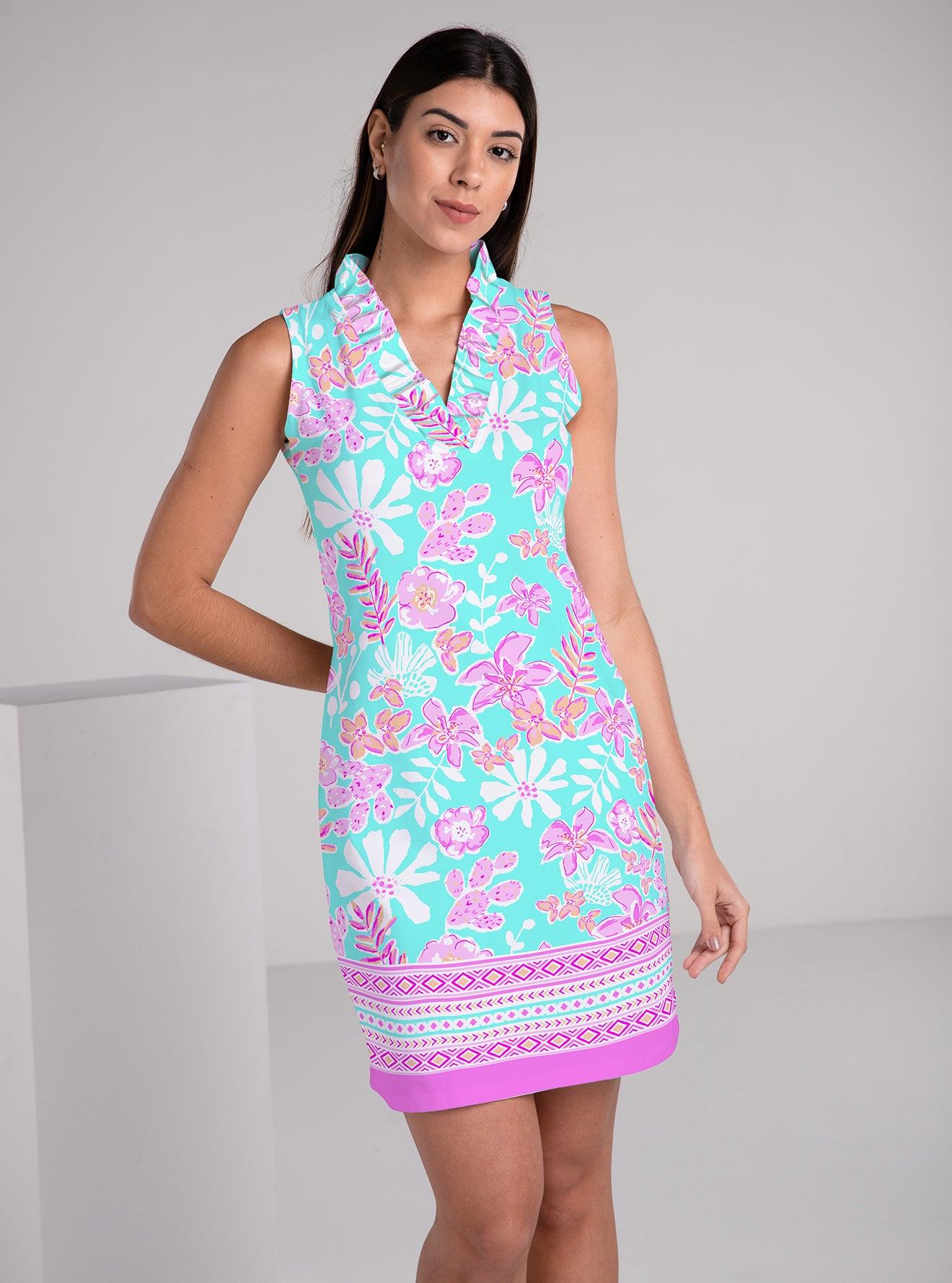 Paradise Island Print Cotton Knit Sleeveless Ruffle Portrait Neck Dress - Rezobay