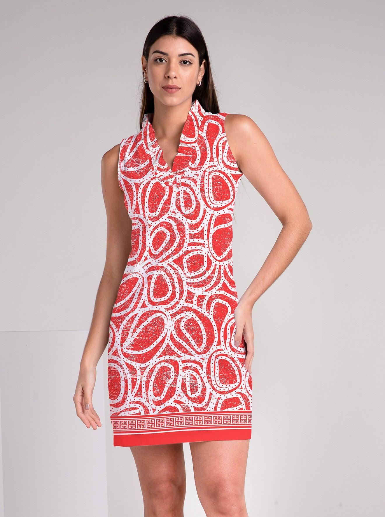 Hula Hoop Print Cotton Knit Sleeveless Ruffle Portrait Neck Dress - Rezobay