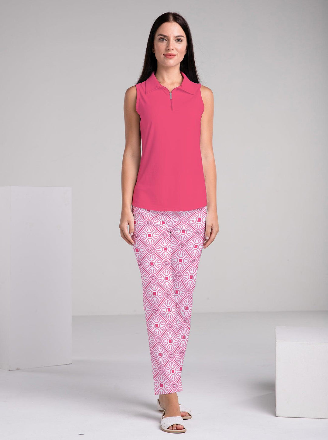 Solid Knit Sleeveless Polo Top - Rezobay