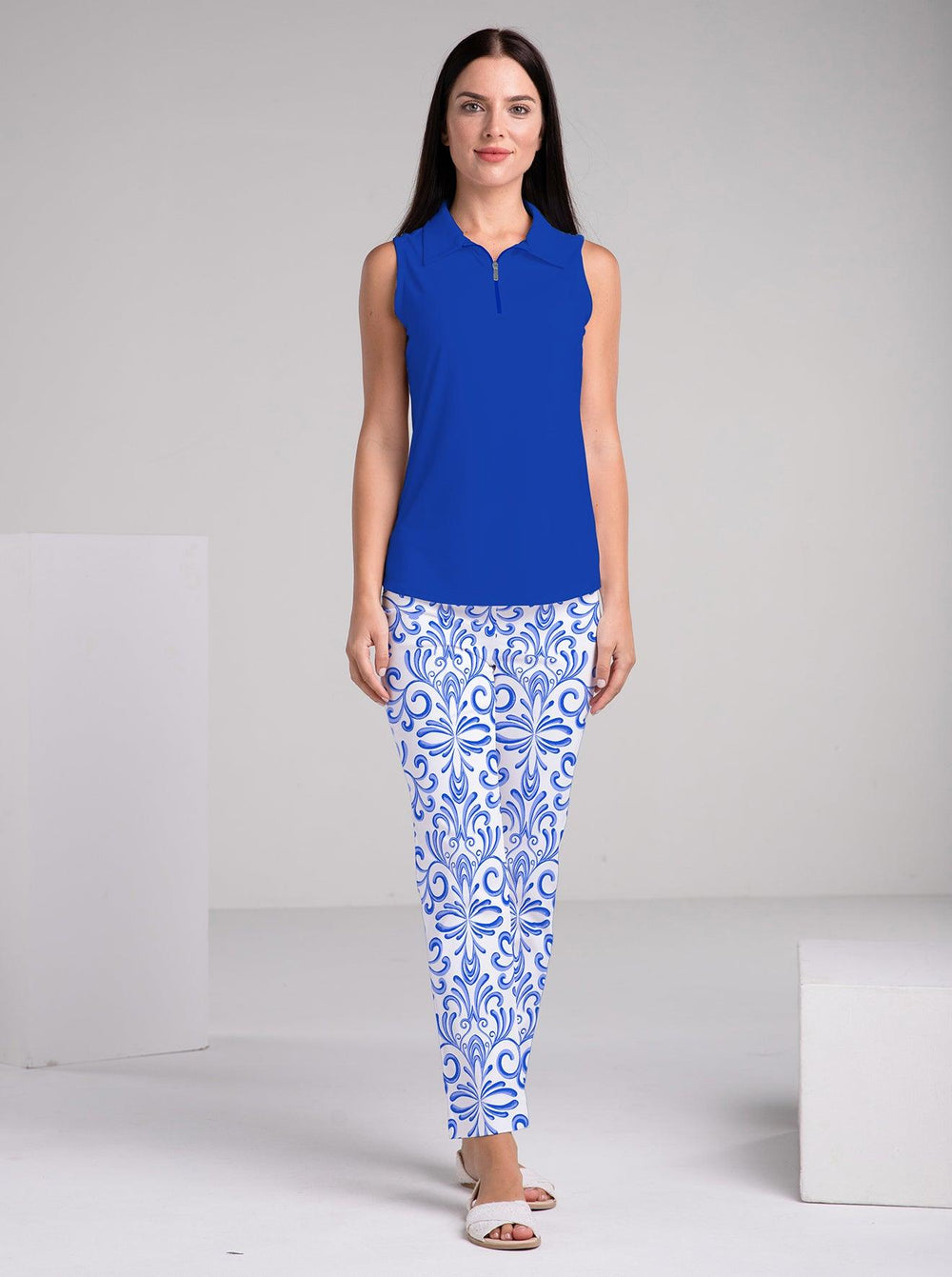 Solid Knit Sleeveless Polo Top - Rezobay