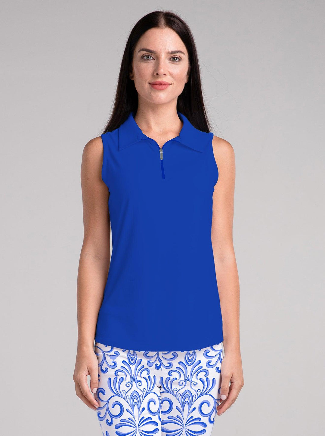 Solid Knit Sleeveless Polo Top - Rezobay