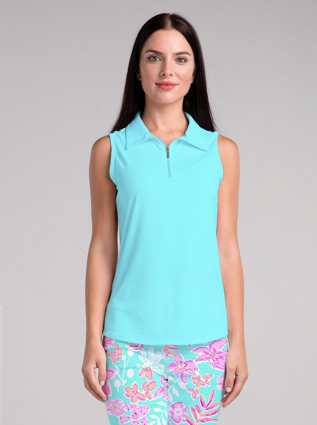 Solid Knit Sleeveless Polo Top - Rezobay