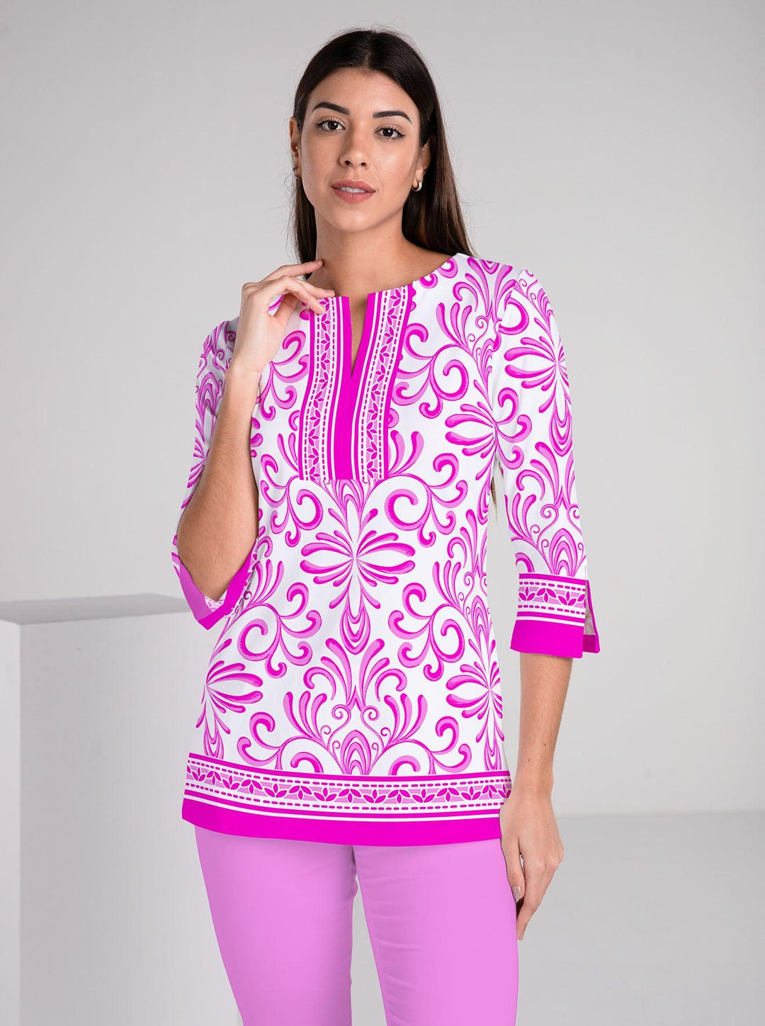 Bonanza Print Cotton Knit 3/4 Sleeve Slit Neck Tunic - Rezobay