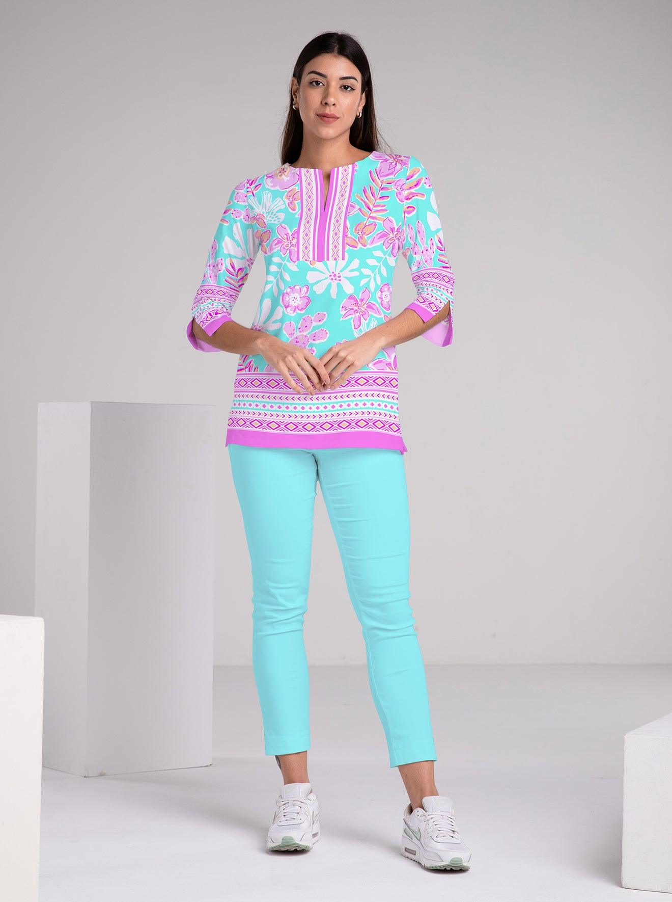 Paradise Island Print Cotton Knit 3/4 Sleeve Slit Neck Tunic - Rezobay