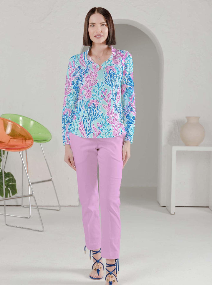 Deep Sea Print Cotton Knit Zip Mock Neck Top - Rezobay