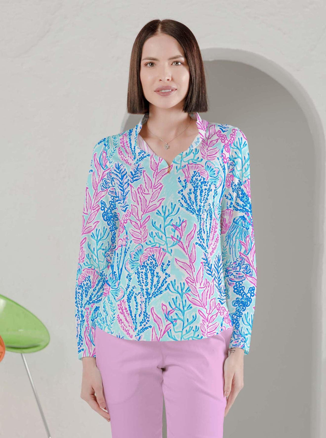 Deep Sea Print Cotton Knit Zip Mock Neck Top - Rezobay