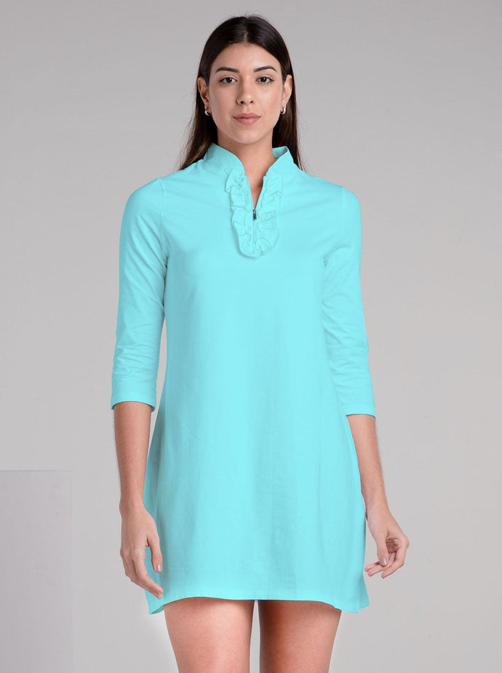 Solid Knit 3/4 Sleeve Ruffle Placket Neck Dress - Rezobay