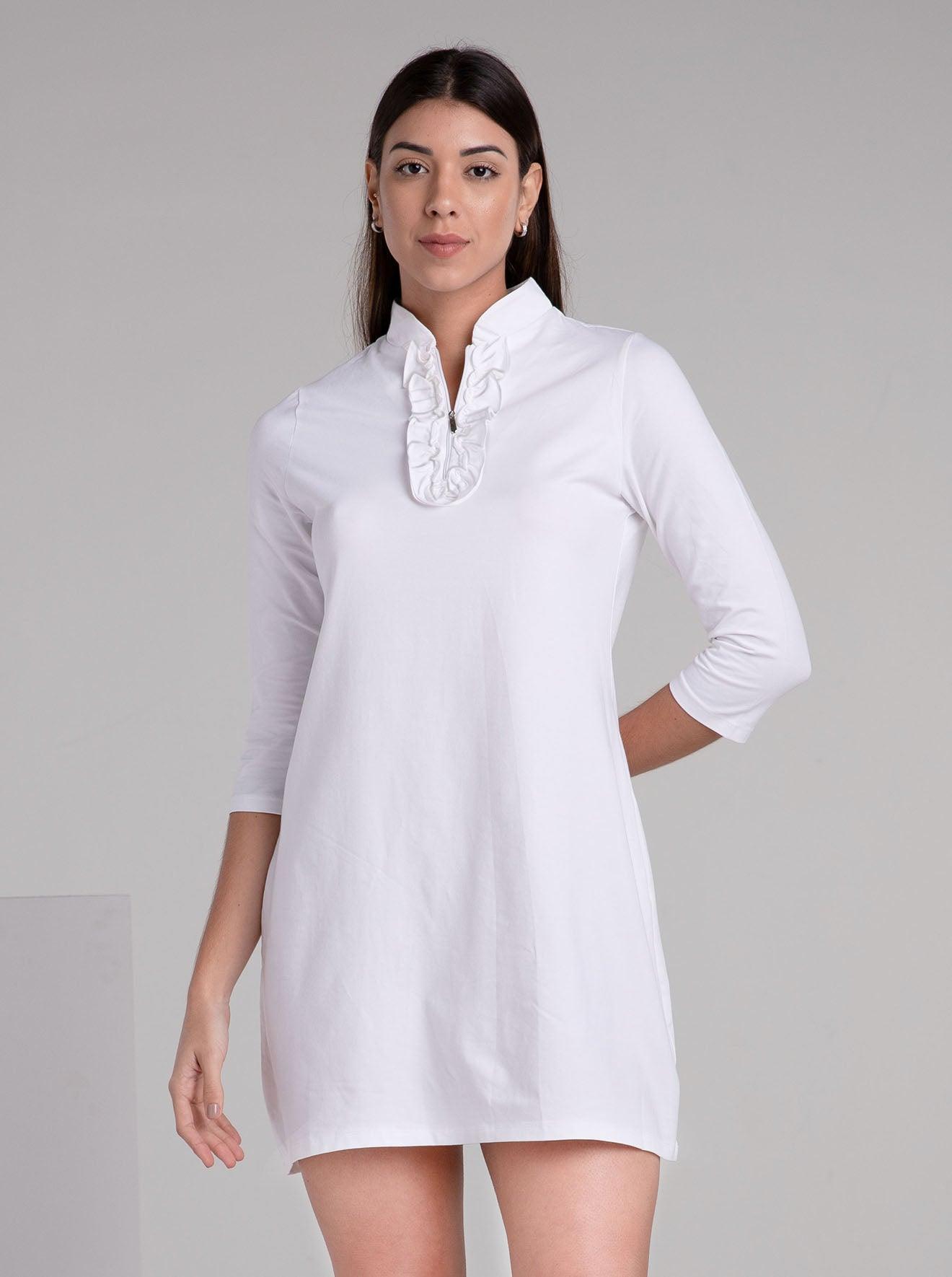 Solid Knit 3/4 Sleeve Ruffle Placket Neck Dress - Rezobay