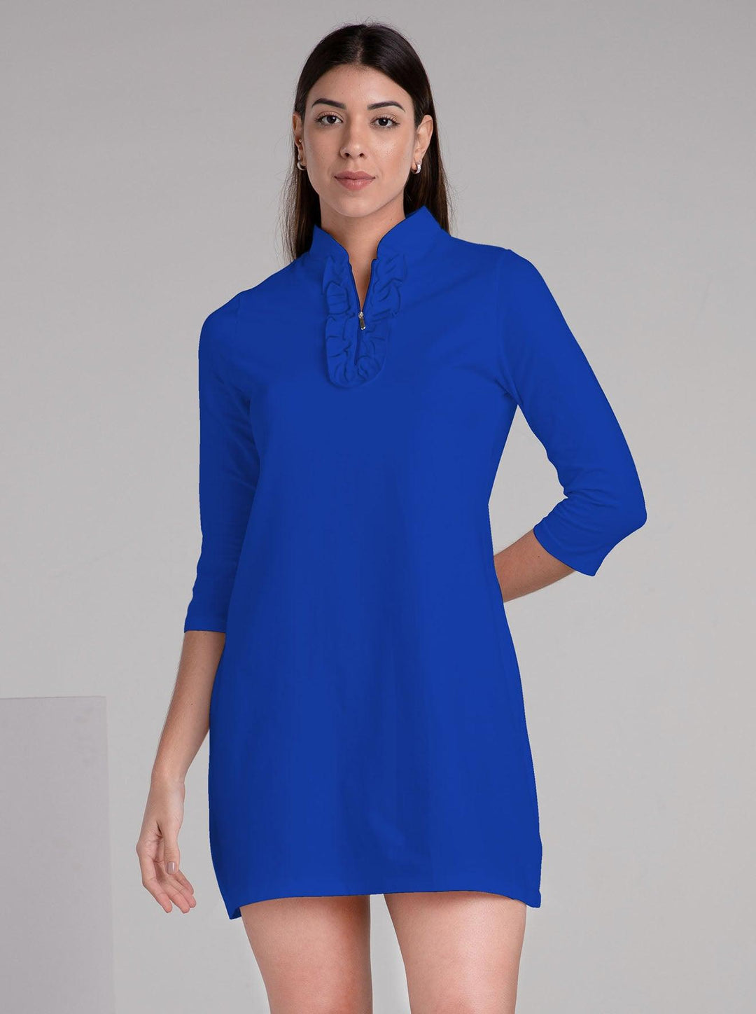 Solid Knit 3/4 Sleeve Ruffle Placket Neck Dress - Rezobay