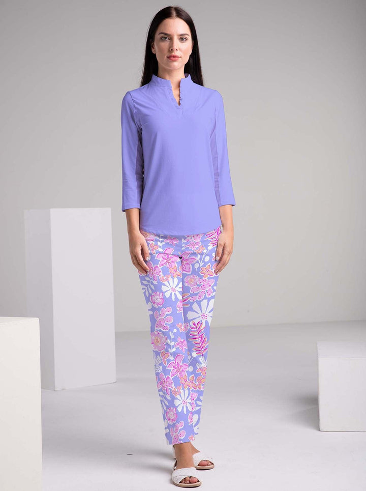 Solid 3/4 Sleeve Ruffle Placket Mock Top - Rezobay