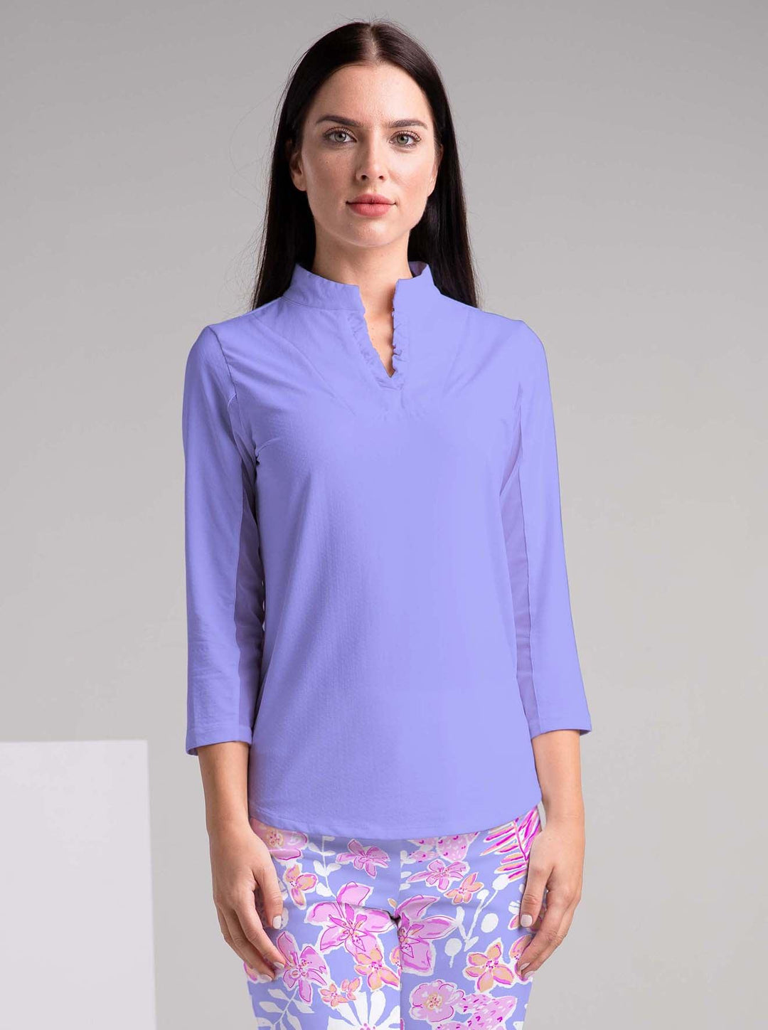 Solid 3/4 Sleeve Ruffle Placket Mock Top - Rezobay