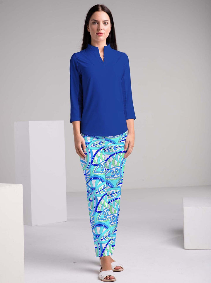 Solid 3/4 Sleeve Ruffle Placket Mock Top - Rezobay