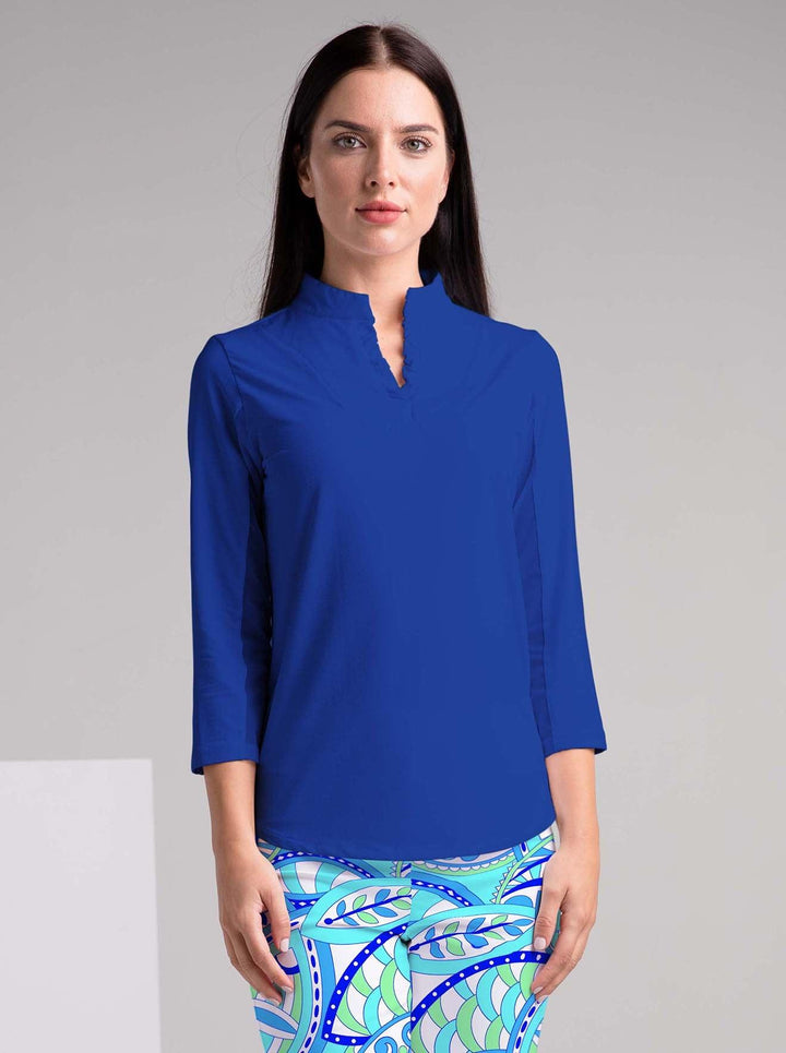 Solid 3/4 Sleeve Ruffle Placket Mock Top - Rezobay