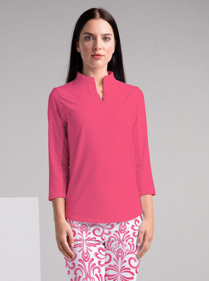 Solid 3/4 Sleeve Ruffle Placket Mock Top - Rezobay