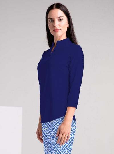 Solid 3/4 Sleeve Ruffle Placket Mock Top - Rezobay