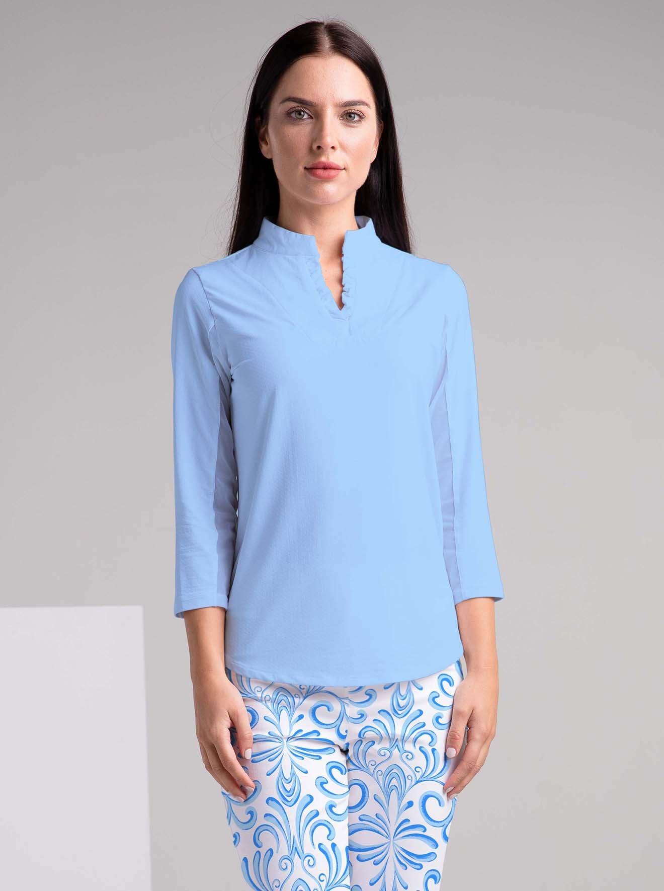 Solid 3/4 Sleeve Ruffle Placket Mock Top - Rezobay