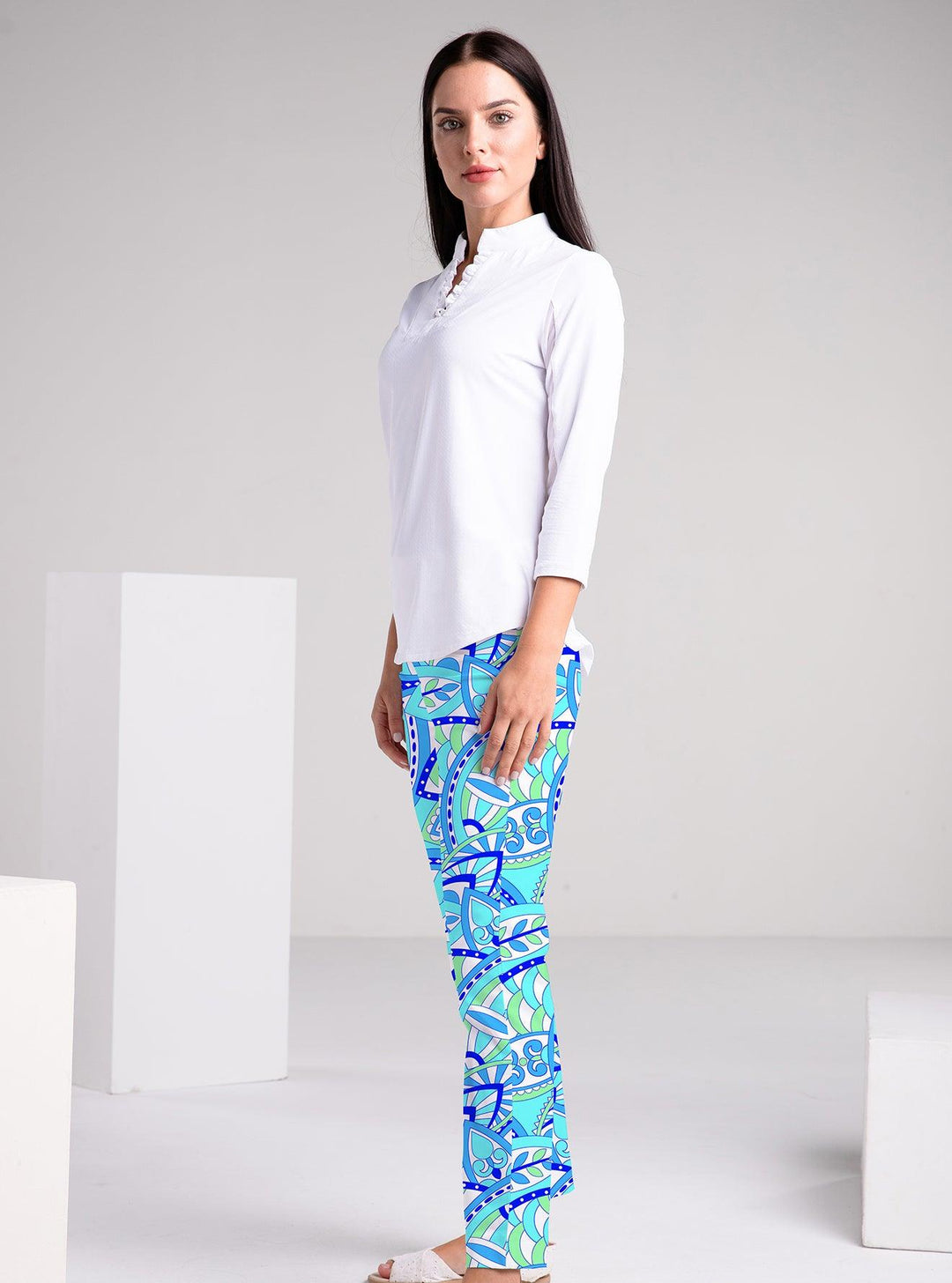 Solid 3/4 Sleeve Ruffle Placket Mock Top - Rezobay